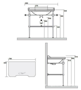 Структура металлическая, для установки под раковину 80см. арт.4141 хх, стекл. полка, крепёж в компл., (цв.бронза),  ZZ Kerasan Waldorf 9197K3