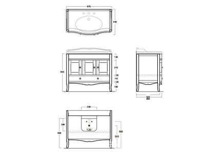 Тумба напольная 970х530хh805мм, под раковину AR874, 3 распаш. дверки, 1 выдв.ящик (дерево цв.белый),  ZZ Simas Arcade ARMC105 bianco