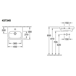 Рукомойник 450х380мм, 1 отв. д/смес., с переливом, установка на стену, (цв. R1 white ceramicplus),  ZZ Villeroy & Boch Architectura 437345R1