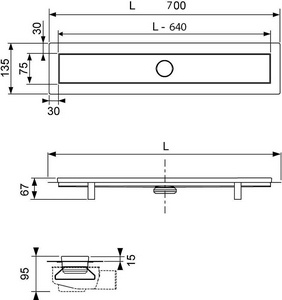 Дренажный канал,прям 700мм,(лоток 640мм),готовый компл,сифон выход вбок 0,7л/с,ножки, стакан с мембаной антизапах, дек.решетка "straight",Tecelinus ZZ Tece TECElinus 15100079