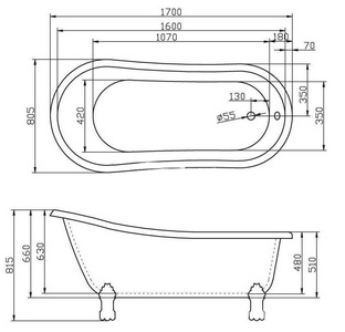 Ванна 1700x805xh815 мм, акрил, отдельностоящая, БЕЗ ножек, слива-перелива, гидрозатвора, BelBagno ZZ BelBagno Универсал BB04