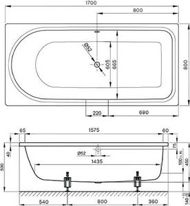 Ванна 170х80хh45см, перелив сзади, с шумоизоляц, (БЕЗ ножек арт.B23-1500 и удлинённого слива-перелива), (цв.белый с антислип, с Glaze Plus),  ZZ Bette Ocean 8765-000 PLUS, AR