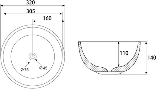 Раковина накладная на столешницу, круглая, 320х320хh140мм, без отв.д/смесит., без перелива, (цв. белый),  ZZ Abber Bequem AC2106