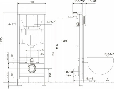 Инсталляция для подвесного унитаза, 500хh1130мм, со смывным бачком, фронт.управлен., смыв пневматический, крепёж в компл, без кнопки смыва, Abber ZZ Abber Универсал AC0108