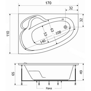 Ванна  (левая) "Стандарт", без г/м, 170х110х58,5см, на раме, фронт. панель, слив/перелив в комплекте + смеситель IMATRA H 07746 (цв.хром), ZZ Thermolux Talia Talia 170 L стандарт + смес. imatra H 07746