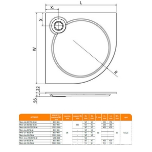Поддон душ.встраиваемый 1000х1000хh22/56мм,1/4 круга,R550мм,слив 90мм,(без сифона,ножек арт.TRAY-S-4.3-ML,экрана),искуст.мрамор цв.белый, Cezares ZZ Cezares Универсал TRAY-S-R-100-550-56-W