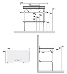 Структура металлическая, для установки под раковину 80см. арт.4141 хх, стекл. полка, крепёж в компл., (цв.хром),  ZZ Kerasan Waldorf 9197 K1