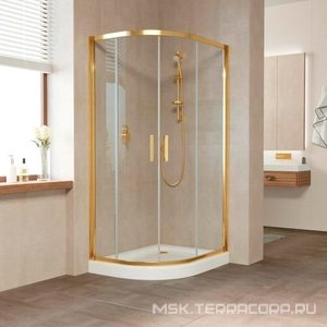 Душевое ограждение  900x800x1900 мм, полукруглое, ассиметричное, профиль золото, стекло прозрачное с покрытием QuickNano, БЕЗ поддона ZZ Vegas Glass ZS-F ZS-F 90*80 09 01/ QuickNano