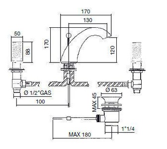 Смеситель для раковины на 3 отв., с д/к, (цв. золото, ручки муранское стекло ручной работы),  ZZ Oasis Fortuny 000RBFNOR