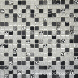 Мозаика Мастера Керамики Glass &amp; Stone Мозаика Glass &amp; Stone 2026 микс мрамор черный-черный-белый кол-платина (чип 15х15мм) ZZ|30x30