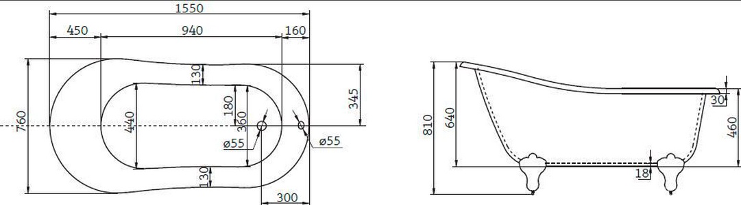Ванна 1550x760xh810мм, акрил,отдельностоящ,БЕЗ ножек, комплекта кронштейнов д/креп.ножек, слива-перелива и гидрозатвора, BelBagno ZZ BelBagno Универсал BB06-1550