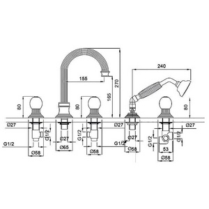 Смеситель для ванны, встраиваемый в борт, на 5 отв., лейка, шланг в компл.,  (цв.бронза, ручки круглые),  ZZ Cezares Olimp OLIMP-BVD-02-M