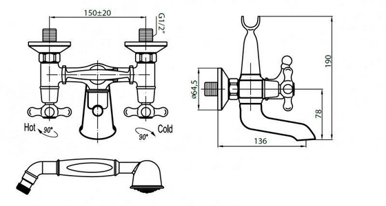 Смеситель для ванны, душевая лейка, шланг в компл., (цв.хром),  ZZ Cezares Retro RETRO-C-VD2-01