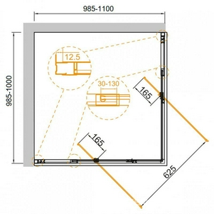 Душ.ограждение квадр. 1000-1100х1000-1100хh1950мм, распашные двери с неподв. сегментами, вход 625мм, (ст.прозр. 6мм, фурн/хром),  ZZ Cezares Variante VARIANTE-A/AH-2-100/110-C-Cr