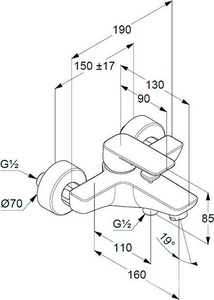 Смеситель для ванны/душа, короткий излив, с установочным комплектом БЕЗ аксессуаров, хром Kludi Pure&Style 406810575