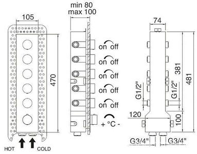 Смеситель-термостат для душа встраиваемый в стену, на 5 "Потребителей", (круглые ручки), (цв. хром), 3M  ZZ 3M Showers & Thermostat 7298EA CC