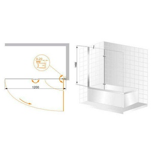 Штора на ванну складная 2-х секционная, 1200х1450мм, крепление слева (стекло текстурное Punto 6мм, фурнит.цв.хром), ZZ Cezares Verona VERONA-V-21-120-P-Cr-L