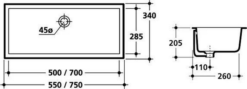 Раковина для установки под столешницу, прямоугольная 750(700)х340(285)хh205мм, без отв. д/смесителя, крепёж в компл.,  ZZ Kerasan Slim 022501