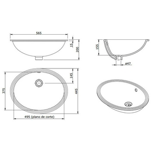Раковина для установки под столешницу, овальная 49,5(56,5)х37,5(44,5)хh15,5см,  ZZ Sanindusa Vouga 108350004