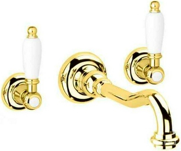 Смеситель для раковины, встраиваемый в стену, излив 215мм, (цв.золото, ручки пластик цв.белый),  ZZ Cezares Retro FIRST-BLS1-03/24-Bi