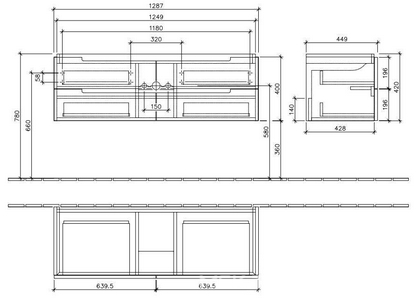Тумба 1287хh420х449мм, для одинарной раковины 1300мм, 4 выдвижн.отделения, крепёж в комп., (цв.FP серый глянц., ручки серебр.матовое),  ZZ Villeroy & Boch Subway 2.0 A69100FP