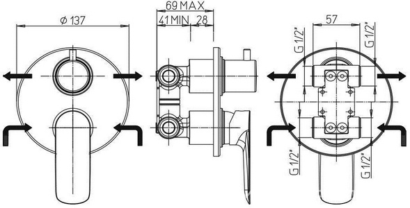 Смеситель для душа, встраиваемый в стену, с переключателем, (цв.черный матовый),  ZZ Paini Nove 09PZ6911