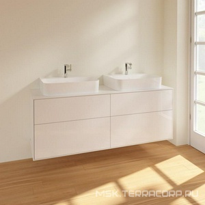 Тумба 1600хh603х501мм, д/раковин арт.4168 6G/6L/6C, 4 выд.отд,,(столешн. стекло цв.белый мат., фасад и корпуc цв.GL лак белый глянц.)ZZ Villeroy & Boch Finion F18100GF