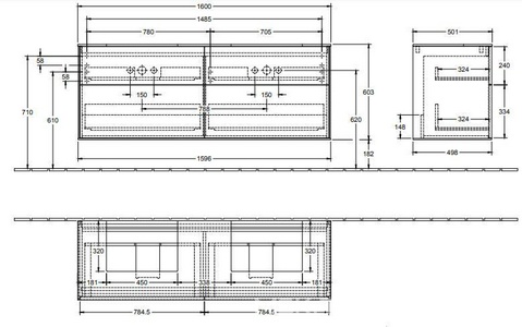 Тумба 1600хh603х501мм, д/раковин арт.4168 6G/6L/6C, 4 выд.отд,,(столешн. стекло цв.белый мат., фасад и корпуc цв.GL лак белый глянц.)ZZ Villeroy & Boch Finion F18100GF