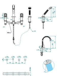 Смеситель для ванны, встраиваемый в борт на 4 отв., шланг, лейка в компл., (цв. золото (Dore))  ZZ THG Jaipur Aragonite A9A-F01-112B