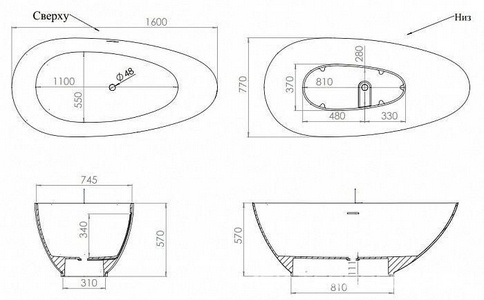 Ванна 1600х770хh570мм, отдельностоящая, литой камень Solix, матовая, нажимн.слив.цв.белый, ОТВЕРСТ.Д/ВЫПУСКА СИФОНА В СТЕНУ,  ZZ Salini Paola 101511SM / белый/ сверление отвертия в борту ванны +5тр к PL