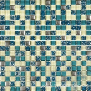 Мозаика Мастера Керамики Glass Мозаика 2083 микс бирюза, белый, темная бирюза колотая, платина (чип 15х15)|30х30