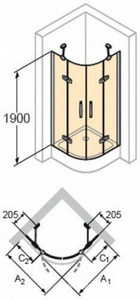 Дверь д/д двустворч.,распашная, откр.наружу 1/4 круга, R500мм,1000х1000хh1900мм,ст.прозр.6мм Anti-Plague,проф.цв. гланц.хром),  ZZ Huppe Huppe Aura elegance 400802 092 322