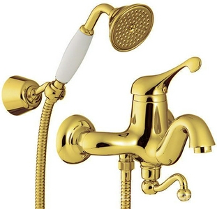 Смеситель для ванны в комплекте с шлангом, лейкой, кронштейном, (maniglia PL / рукоятка с пластик. вставкой белого цвета), (цв.золото)  ZZ 3M Piccadilly 2100  DD + maniglia PL  DD