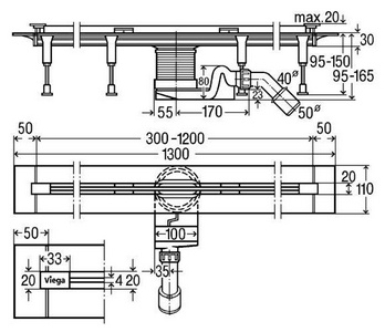 Душевой лоток, корпус укорачиваемый L-300-1200мм, h 95–165мм, готовый комплект, (матовая дизайн-вставка нерж сталь, сифон, ножки),  ZZ Viega Advantix Vario 704353