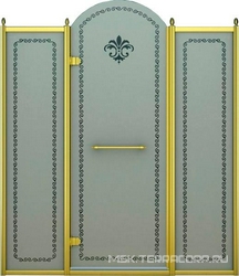 Дверь в нишу 1300x2118мм, (1275-1325)xh2118, с двумя неподв. сегмент, "Левая" петли лев(вход 560мм), (стек/мат с прозр/узор, 8мм, фурн/зол),Retro ZZ
