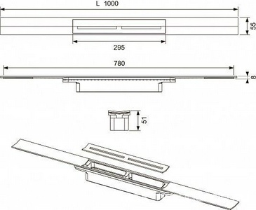 Профиль д/дренажа душа, 1000х55мм, укорачиваемый, монтаж на плиточный клей над бетонной стяжкой, БЕЗ сифона арт.673002, (цв.глянец),Тесе ZZ Tece Tecedrainprofile 671010