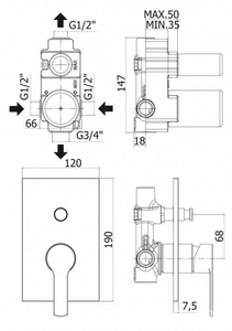 Смеситель для душа, встраиваемый в стену, с переключателем, (цв.белый матовый),  ZZ Cezares Ovest OVEST-VDIM-BIO