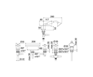 Смеситель для ванны, встраиваемый в борт ванны на 5 отв., излив каскад, с душ. гарнитуром, (цв.золото), Nuova Retro ZZ 3M Nuova retro 4172 DD