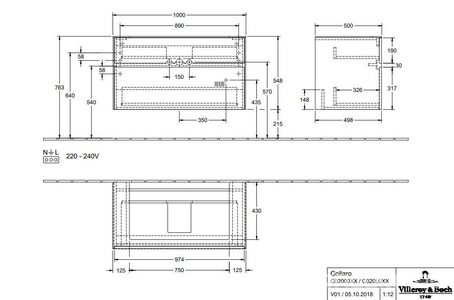 Тумба 1000хh548х500мм, для раковины арт.4A338Gхх, (2 выдвижн.отд,, 1 пакет с аксесс),(фасад и корпуc цв.VG Truffle Grey),  KL Villeroy & Boch Collaro C02000VG