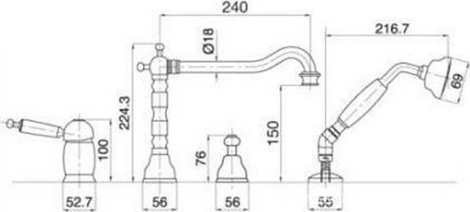 Смеситель для ванны, встраиваемый, на 4 отв., лейка, шланг в компл., (цв. золото, ручка цв. белый),  ZZ Gaia Canterbury RB6355 OR
