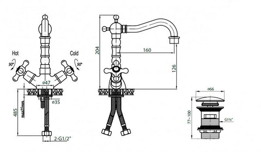 Смеситель для раковины, с поворотным изливом, с нажимной пробкой д/к, (цв. хром),  ZZ Cezares Retro RETRO-C-LS2-01