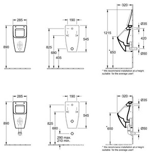 Писсуар 285x545x315мм, с защитой от брызг, скрытый подвод воды, крепёж в комп, с отверст. д/крепежа крышки, (цв.R1 white cer+),  ZZ Villeroy & Boch Venticello 5504R1R1