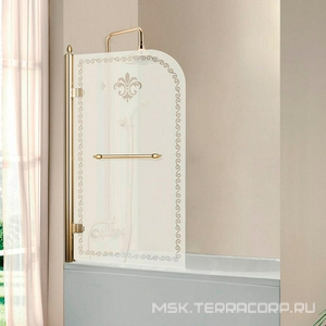 Штора на ванну 815хh1450мм, "Левая" петли слева, поворотная, с полотенцедержателем, (стекло матовое с прозр./узором, 8мм, фурн/цв.золото),  ZZ Cezares Retro RETRO-V-1-80/145-PP-G-L
