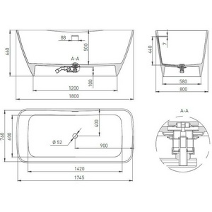 Ванна 1800х810хh660мм, отдельностоящая, литой камень S-Stone, матовый, цв.белый, д/к Up&Down цв.бел в комп,ОТВЕРСТ Д/ВЫПУСКА СИФОНА В СТЕНУ,  ZZ Salini Agatha 100221M / белый /сверление отверстия в борту ванны +5тр к PL