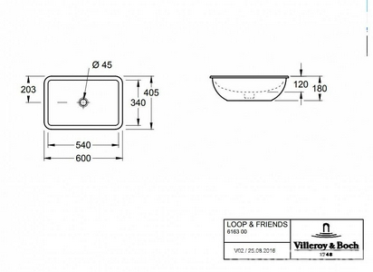 Раковина встраиваемая снизу 540(615)х340(405)хh120(180)мм, удинённый рычаг для пробки д/к, крепёж в компл., (цв. R1 white cer +),  ZZ Villeroy & Boch Loop & Friends 616300R1