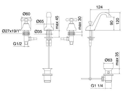 Смеситель для раковины, на 3 отв., мал.излив, с д/к, (цв. бронза),  ZZ 3M Romantica 3610 UU VE
