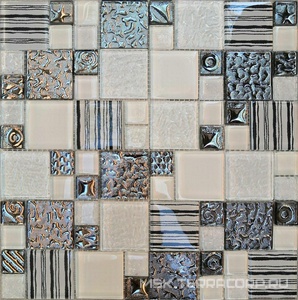 Мозаика Мастера Керамики Glass Мозаика 2167 микс платина рис.-белый колотый-белый-платина риф.низ-рис.полосы на белом-белый верх ZZ|30х30
