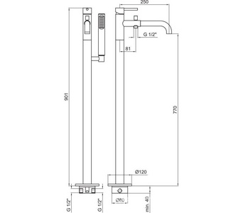 Смеситель для ванны, напольный, h770/901мм, душ.гарнитур, встраиваемая часть в компл., (цв.черный матовый),  ZZ Webert Elio EL851101560