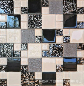 Мозаика Мозаика 2171 микс белый-белыйколотый-темно-серый-серый риф.верх-платина с черным рис 48х48/23х23 ZZ|30x30 Мастера Керамики Glass МС 2171