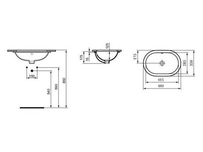 Раковина для установки под столешницу, овальная 480(415)х350(285)хh175мм, без отв. д/смес.,с переливом, шаблон, крепёж в комп.,  ZZ Ideal Standard Connect E504601